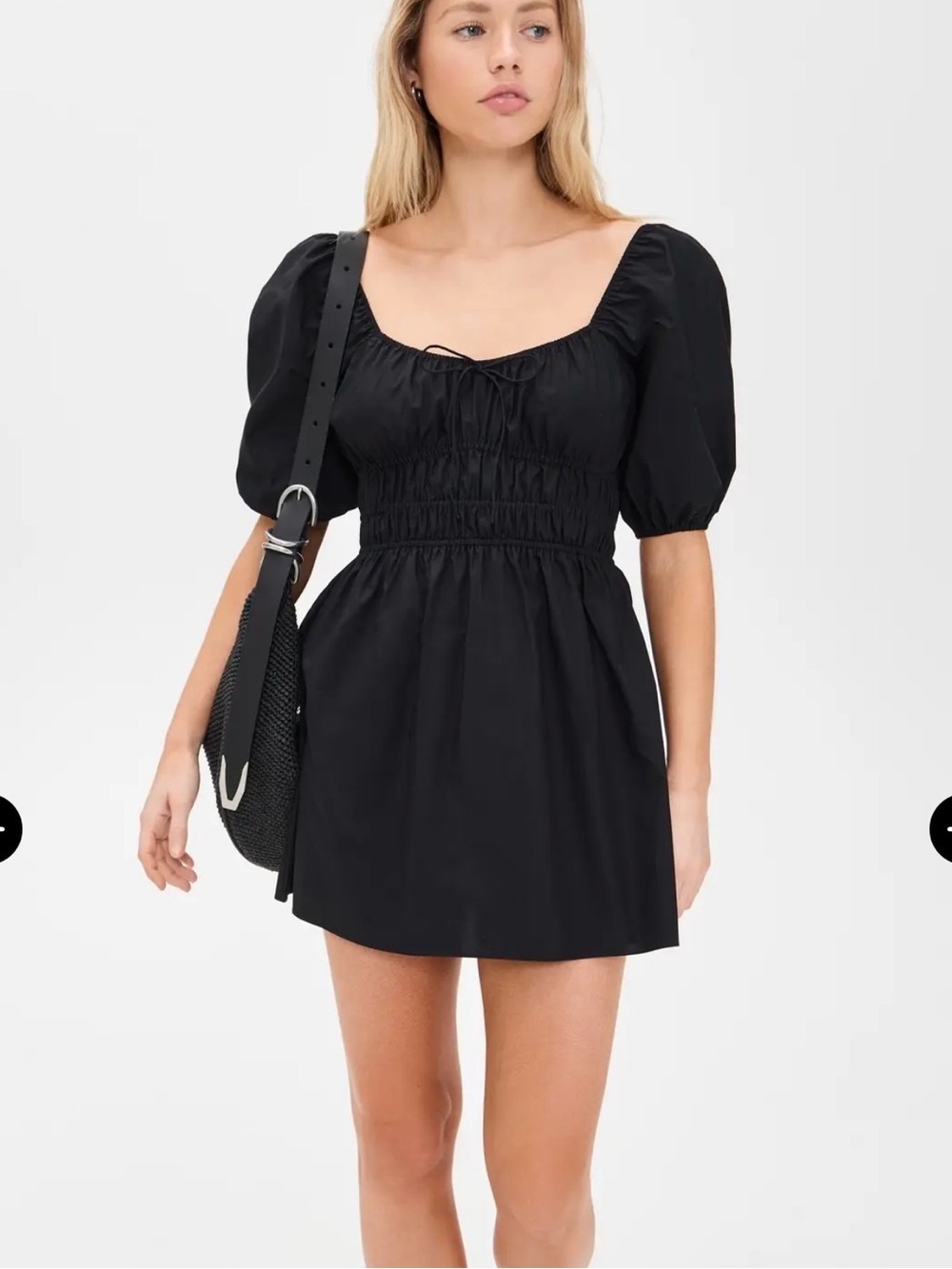 Faithfull the Brand Black Puff-Sleeve Smocked Mini Dress